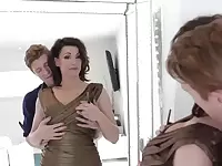 Milf gets horny for step sons huge cock sucking it off on the couch
